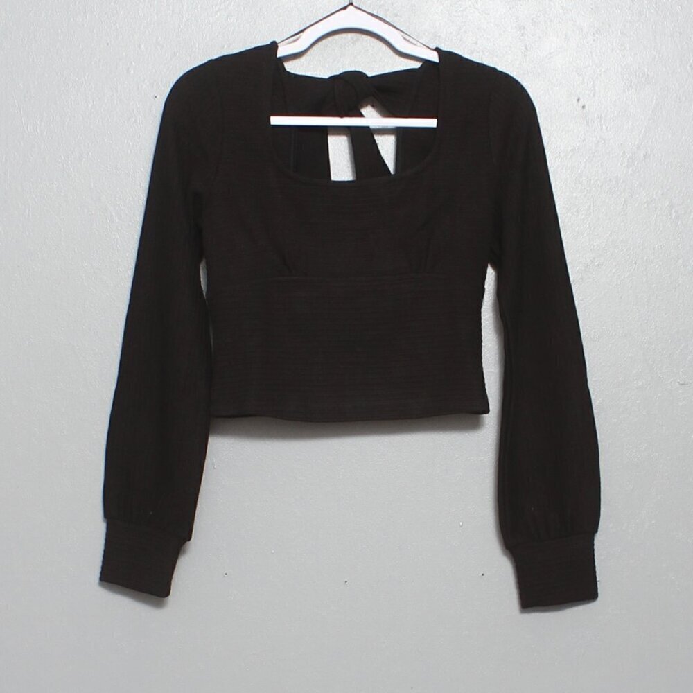 Band of the free nwt black ribbed long sleeve square neck tie back cropped top